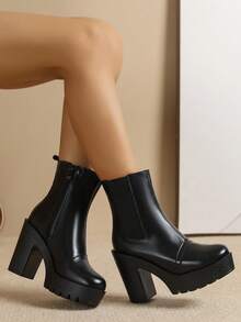 2025 Autumn/Winter New Women's Boots, European And American Fashion Shoes, Thick Heel High Heel Women's Boots, Short Boots, Black, Commuting Zipper High Heel Shoes - Black - View 4