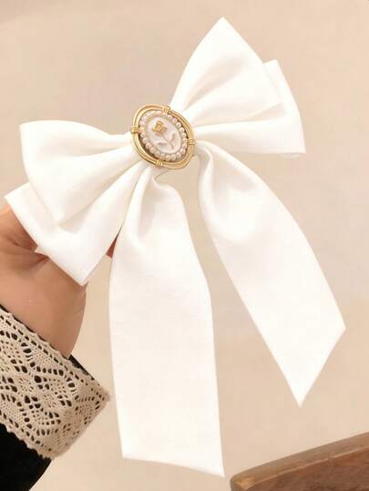 1pc Velvet Hair Accessories, Long Tail Bow Hair Clip, For Women, Cute Hairband Hair Clip Ponytail Clip Alligator Clip Accessories White