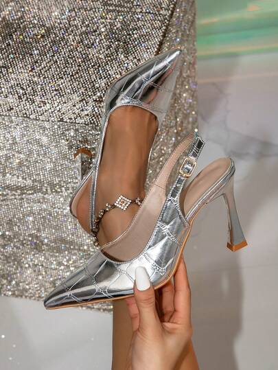 女士银色尖头金字塔高跟鞋，性感迷人的派对踝带细高跟鞋，适合婚礼、正式活动、春假、复活节