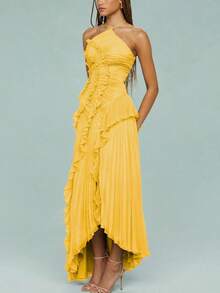 Women's Elegant Backless Long Skirt Sleeveless High Waisted Pleated Ruffle Party Dance Evening Gown - Màu vàng - Xem 3