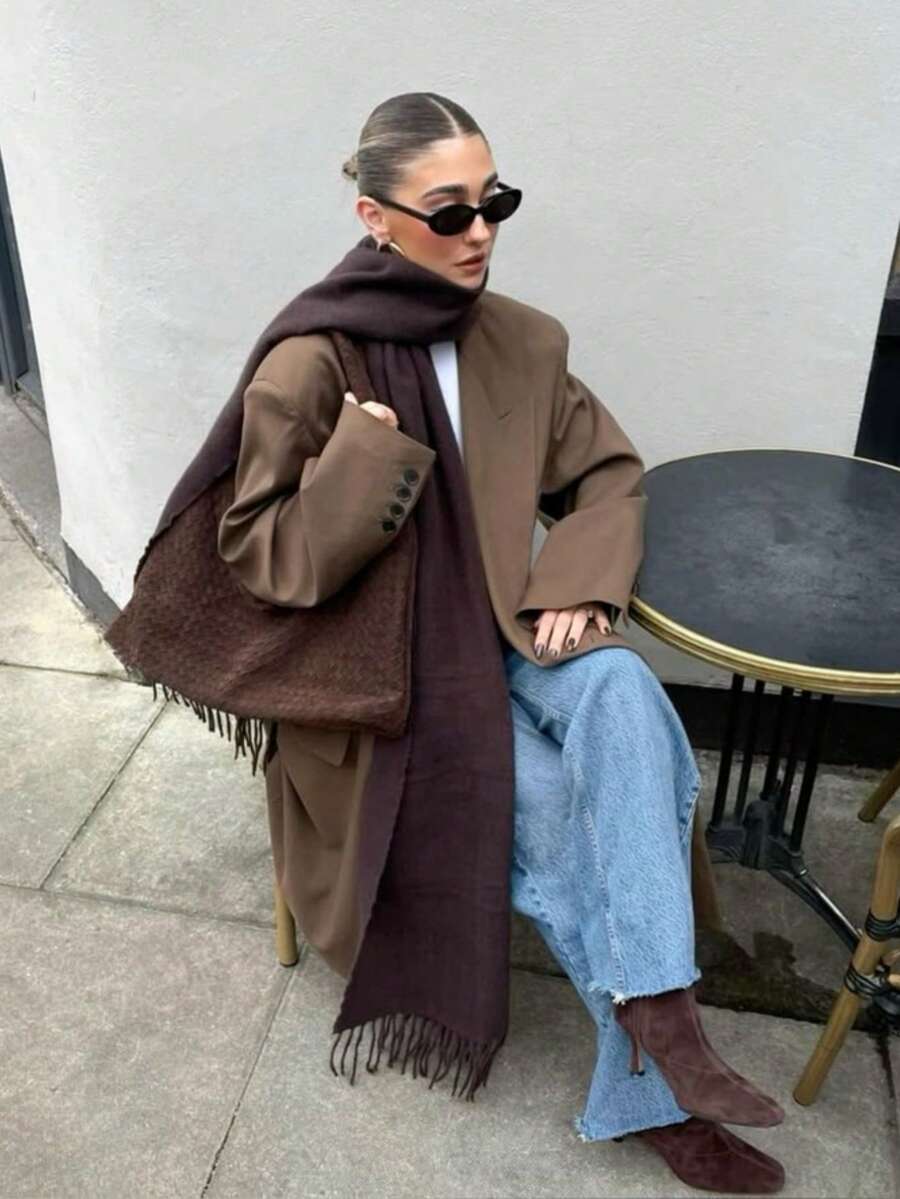 1pc Women Minimalist Solid Color Faux Cashmere Scarf, Collegiate Style Shawl, Suitable For Seasonal Transition, Daily Wear, Windproof And Warm, Autumn For Dress - Brown - View 1