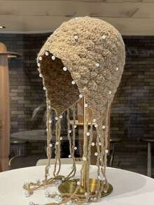 1 pieza Gorro de punto grueso hecho a mano con calado, gorro de punto con borlas cálido, accesorio de moda para mujer, adecuado para invierno, estilo bohemio, 4 de julio, conjunto madre-hija, Halloween, vacaciones