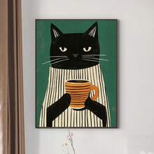 1幅黑猫咖啡主题帆布墙画，条纹毛衣印花，舒适现代海报，简约波西米亚风装饰，适用于厨房、客厅或办公室，宠物爱好者礼物，可选无框或有框。 - 彩色 - 查看 1