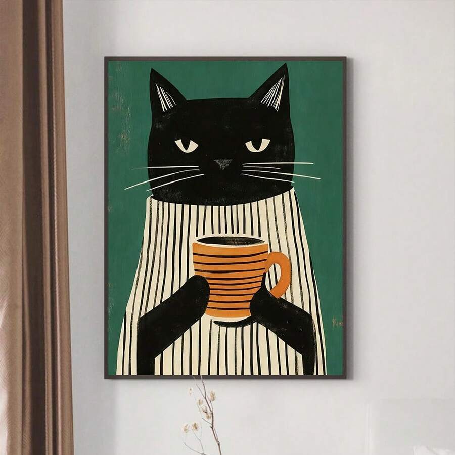 1幅黑猫咖啡主题帆布墙画,条纹毛衣印花,舒适现代海报,简约波西米亚风装饰,适用于厨房、客厅或办公室,宠物爱好者礼物,可选无框或有框。 - 彩色 - 查看 1