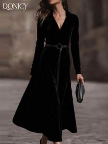 DONICY Damen einfarbiges Samt-Maxikleid mit V-Ausschnitt und Taillengürtel, vintage elegantes Luxus-Schwarzes Maxikleid, geeignet für Lässig, Business, Formal, Date, Party, Gast, Neujahr