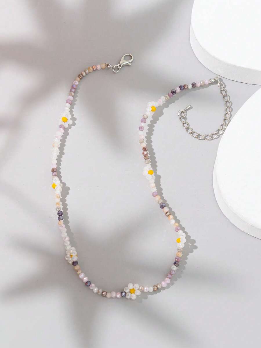 1 pieza Collar de mujer con flores de cuentas en bloque de color dulce y fresco, adecuado para uso diario (color de cuentas aleatorio)