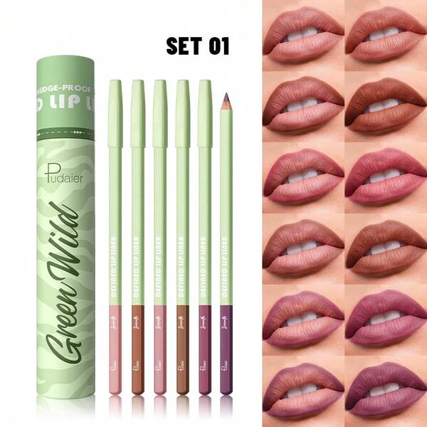 Pudaier 6 قطع مجموعة قلم تحديد الشفاه مقاوم للماء ومطفي لمدة 24 ساعة، قلم ورقي في علبة هدايا مناسبة للمناسبات والأعياد