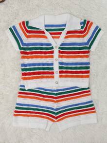 Apperloth A Y2K Rainbow Stripe Colorblock Hollow Out Turnover Collar Button Front Short Sleeve Crochet Knit Crop Tee Top & Shorts, Spring And Summer Two Pieces Set Rave Music Festival - Multicolor - View 5