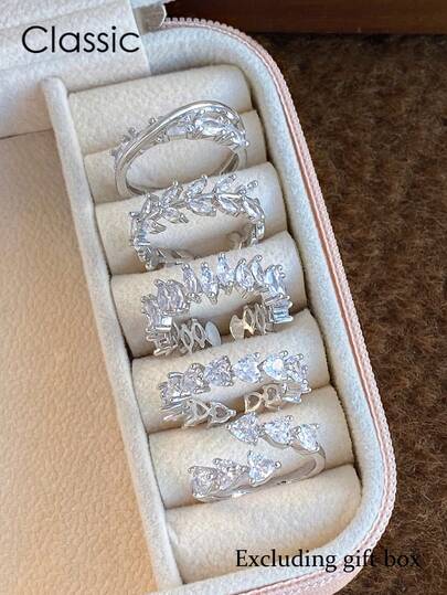 5件套优雅奢华几何立方氧化锆叶子设计可调节戒指套装，独特个性化，适合派对和宴会佩戴（不含礼盒）