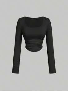 3pcs Women Pleated Casual Square Neck Long Sleeve T-Shirt Set, Warm Clothing, Autumn Womens Wear, Outerwear, Holiday Womens Outfit, New Year, White Top - Multicolor - View 5