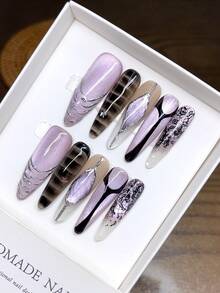 10 Móng tay giả hình bầu dục dài, vẽ tay, màu tím gradient, cá nhân hóa, mắt mèo, gương ma thuật, chất lượng, thiết kế đơn giản, ấn vào móng tay - Nhiều màu - Xem 4