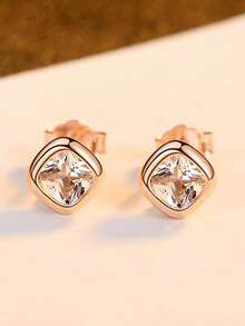 ELSEDES 1 Pair Fashionable & Elegant S925 Sterling Silver Square Cubic Zirconia Stud Earrings, Suitable For Daily And Party Wear