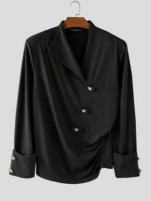 INCERUN Fashion Mens V-Neck Buttons Long Sleeve Pleated Party Casual Loose Blouse Office Work Solid Shirt Tops - 黑色 - 查看 6