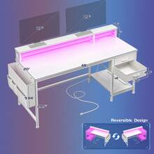 48"W Computer Desk With LED Strip & 2 Drawers & Storage Bag Corner Desk With Power Outlets & Monitor Stand For Bedroom, Gaming Room - Xem 3