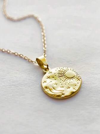 MECYLIFE 1pc Stainless Steel Round Moon Sun Star Pendant Necklace, Simple Design Women Necklace