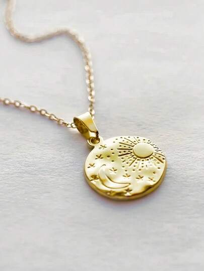 MECYLIFE 1pc Stainless Steel Round Moon Sun Star Pendant Necklace, Simple Design Women Necklace