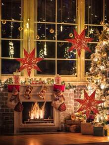 2pcs/6pcs 3D Hollow Paper Christmas Star Lanterns, Suitable For Window, Wall, Christmas Tree, Pendant Light Or Ceiling Decor, Also For Wedding Party Christmas Decoration (Bulbs Not Included), Christmas Home Decor, Christmas Gift, Christmas Ornament - Red - View 4