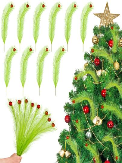 10 Stücke Weihnachtsbaum Topper Dekorationen, 36 cm lange limegrüne lockige Picks Stiele, Weihnachtsschmuck für Baum, Kranz, Vase Füllungen, Feiertags Party & Heim Dekoration