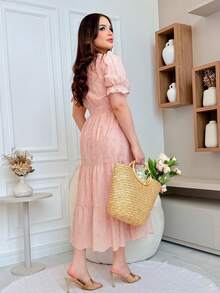 Elegant 3D Embroidered Laise Midi Dress In 100% Cotton With Puff Sleeves And Flared Skirt - Hồng phấn - Xem 2