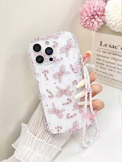Cream Texture Transparent Pink Christmas Bow Painted Pendant Shockproof Phone Case, Compatible With IPhonegi/Redmi Series