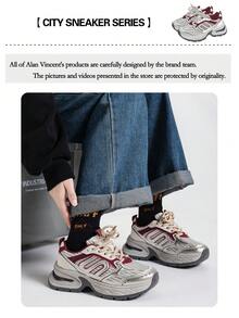 Alan Vincent【城市运动鞋系列】银红女鞋2025新款厚底运动鞋舒适时尚跑步鞋增高休闲运动鞋女户外鞋女士鞋透气网眼 - 酒紅色 - 查看 6