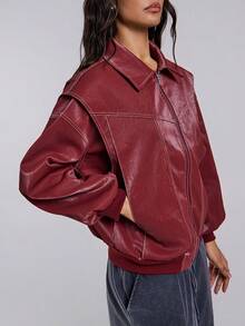 TypaGal Winter Fall Modern Chic New Year Party Retro Elegant Sexy Street Minimalist Red Loose Fit Turn-Down Collar Solid Color Zipper-Up Casual Long Sleeve PU Leather Pocket Jacket In Fall/Winter - Red - View 2