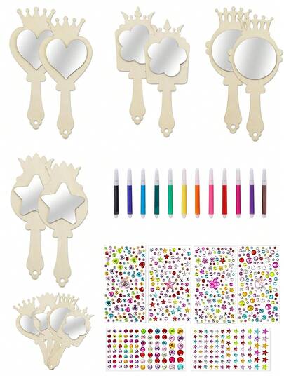 这12面手工制作的木质镜子非常适合女孩们装饰成公主镜，或者自己动手涂色。非常适合圣诞节或创意手工。内含12支彩色铅笔和一张手工贴纸——DIY绘画模板。非常适合用作女孩的装饰品、公主茶会礼物、圣诞节或生日礼物、艺术活动礼物、生日礼物和节日礼物。