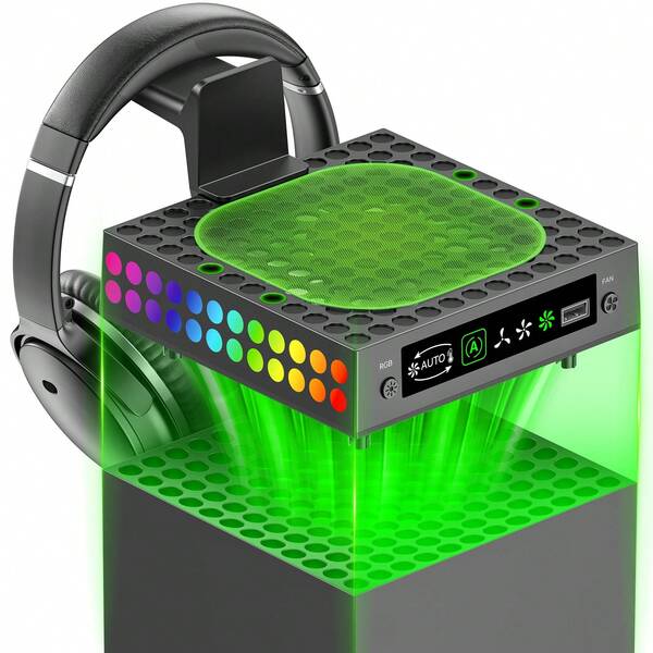 Multifunktions Kühlventilator mit Kühlkörper, Staubabdeckung, Display, RGB-Beleuchtung, Temperaturregelung für Zubehör der Series X Konsole - Inklusive Kopfhörerständer