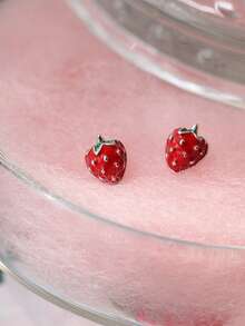 1 Pair S925 Sterling Silver Cute Strawberry Stud Earrings, Perfect Gift Choice For Christmas, Halloween And Thanksgiving, Party Accessories, Holiday Gift, Unique Design, Fashion Jewelry