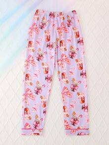 2pcs/Set Girls & Teens Casual Bow & Ice Cream Print Lapel Long Sleeve Cardigan And Pants Pajama Set, Flame Retardant, Suitable For Christmas And All Seasons - Purple - View 8