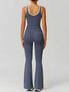 NcmRyu 1 Set Women's High Elasticity Contrast Color V-Neck Slim Waist Tank Top And Pants Sports Suit Summer - 霧霾藍 - 查看 7