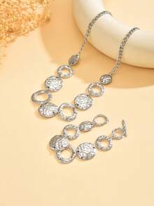 1 套 2 件复古夸张时尚不对称图案镂空圆形吊坠项链和手链套装，巴洛克风格法式奢华几何银色首饰套装，适合女性日常、派对、活动佩戴 - 銀色 - 查看 3