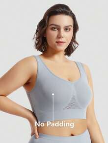 1pc Plus Size Women Breathable Mesh Hollow Out Wirefree Bra, Comfortable Lingerie