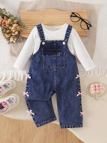2pcs Baby Girls Set: Solid Ribbed Crew Neck Long Sleeve Top + Bow Decor Denim Bib Pants - White - View 1