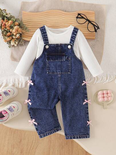 2pcs Baby Girls Set: Solid Ribbed Crew Neck Long Sleeve Top + Bow Decor Denim Bib Pants