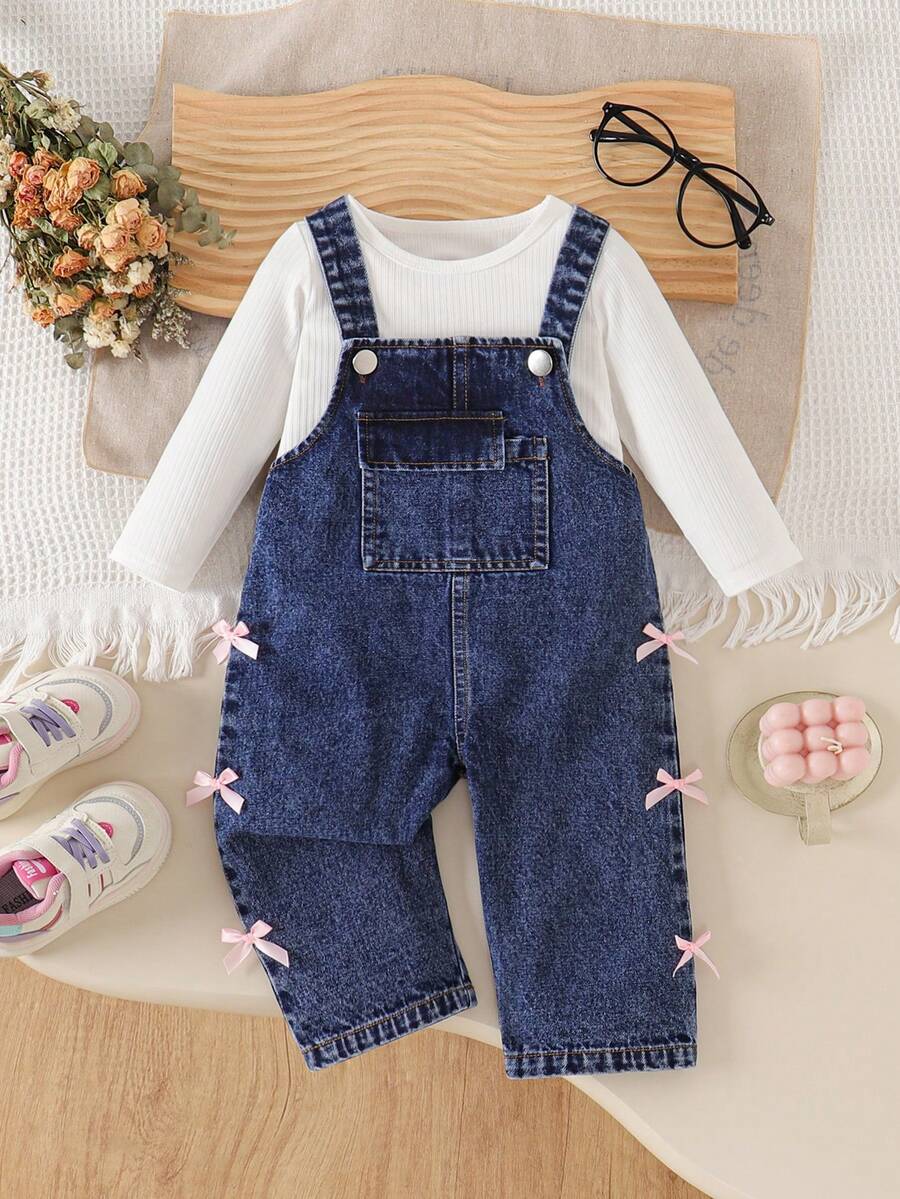 2pcs Baby Girls Set: Solid Ribbed Crew Neck Long Sleeve Top + Bow Decor Denim Bib Pants - White - View 1