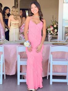 Women's Backless Bodycon Spaghetti Strap Elegant Ruffle Maxi Cocktail Party Dresses, 2025 QMO3 - 粉色 - 查看 5