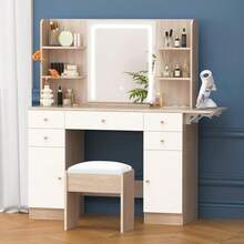 ALFORDSON Dressing Table With Mirror, LED Lights, Socket, Vanity Table With 5 Drawers, 2 Cabinets And 6 Shelves, Vanity Table For The Bedroom Dressing Room, White