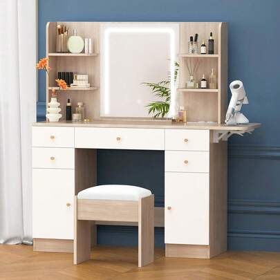 ALFORDSON Dressing Table With Mirror, LED Lights, Socket, Vanity Table With 5 Drawers, 2 Cabinets And 6 Shelves, Vanity Table For The Bedroom Dressing Room, White