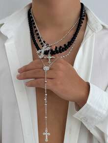 4pcs Vintage Punk Style Metal Cross Pendant Y-Necklace, Men's Hip Hop Fashion Faux Pearl Beaded Multi Layer Necklace Set
