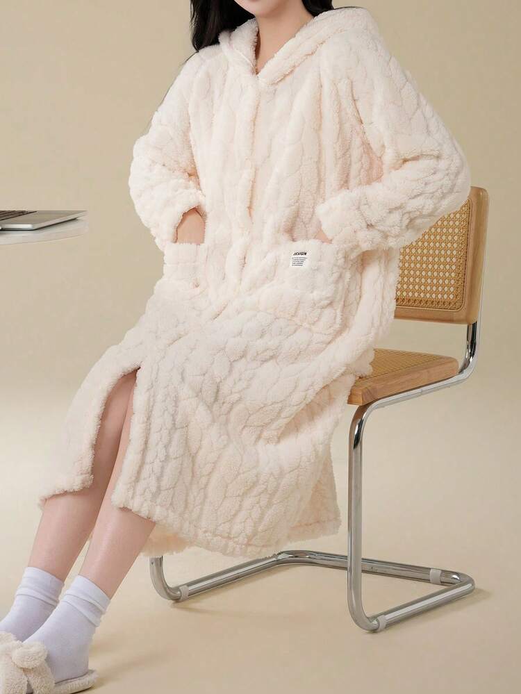 女士纯色提花休闲睡袍，保暖连帽宽松长袖法兰绒浴袍，适合秋冬季节，带口袋，可作睡衣穿着。 - 彩色 - 查看 6