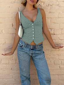 女士夏季休闲无袖粗肩带纽扣格子背心，女士夏季服装，女士度假服装 - 綠色 - 查看 3