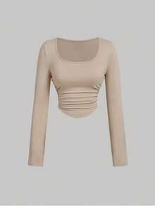 3pcs Women Pleated Casual Square Neck Long Sleeve T-Shirt Set, Warm Clothing, Autumn Womens Wear, Outerwear, Holiday Womens Outfit, New Year, White Top - Multicolor - View 4