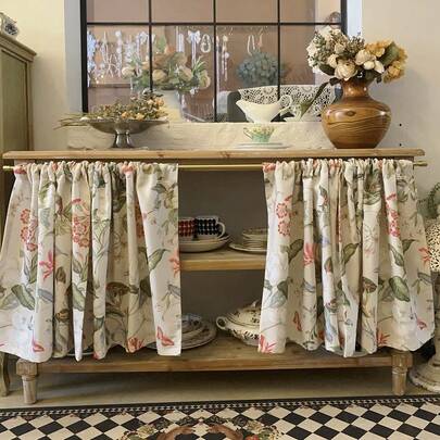 1 pieza Cortina semitransparente con estampado vintage de flores y plantas, adecuada para ventanas pequeñas, crea una atmósfera acogedora en el hogar, color café, para la cocina, estantería, estilo granja, cortina antipolvo