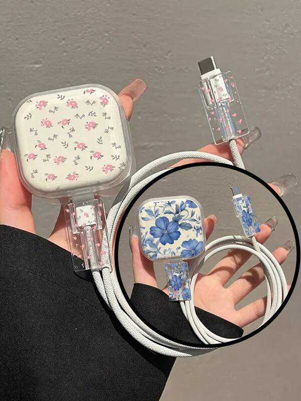 3pcs Set: UK 18/20W Charger Protective Case, Cable Protector Clip, Pink Floral/Blue Flower Pattern
