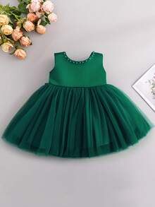 Baby Girls' Moss Green Bow Decor Mesh Patchwork Sleeveless Mini Dress - 墨綠色 - 查看 2