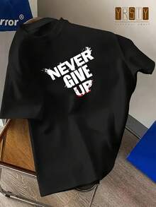 Popular  Men's Short Sleeve Shirts Never Give Up Letter Pattern Print Casual Summer Tops, Men's Fashion Casual Round Neck Short Sleeve, Suitable For Daily Wear And Various Occasions. Roomy And Comfortable - Đen 2 - Xem 12