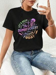 Humorous Skeleton Graphic Tee With Vibrant Retro Slogan Style, Fashionable And Versatile Women's Tops T-Shirt, 220g Pure Cotton Printed Short Sleeves