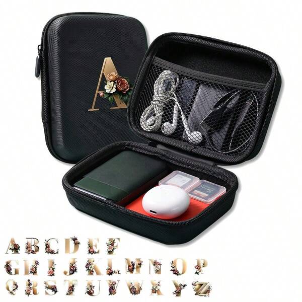 Letter Pattern Durable EVA Storage Bag - Multi-Functional Digital Storage Bag For Storing Charging Cables, Headphones, Batteries And Accessories - Portable, Non-Washable, Black, Convenient Travel And Go Out Daily Use, Portable Hard Drive Case