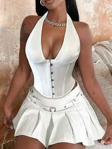 Sexy Satin Corset Tops Overbust Halter Crop Cami Tank Top Hook Front Lace Up Back Backless Boned Snatched Waist Tummy Control Shapewear For Women Christmas Thanksgiving Outfit - 白色 - 查看 4